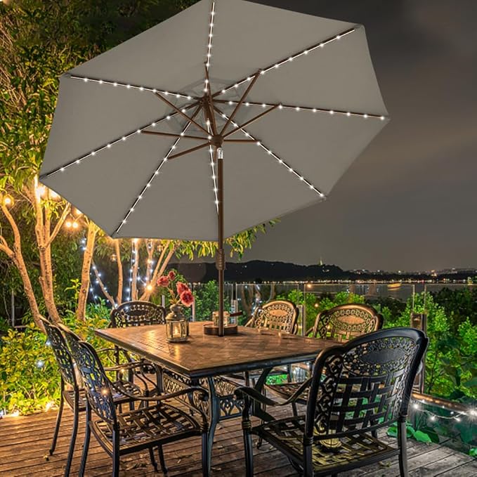 EliteShade USA 10-Year-Non-Fading 9ft Market Patio Umbrella, Commercial Grade Table Sun Umbrella with 80 Solar LED Lights, Crank Open, Windproof & UPF 50+ UV Protection for Garden, Deck, Pool, Backyard, Taupe