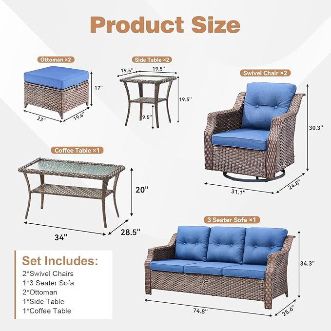 Outdoor Swivel Rocking Chair Set (8-Piece), Rocking Chair with Sofa and Coffee Table Set, Crafted from PE Rattan with an Elegant Side Table, Ideal for Gardens and Patios, Brown/Blue