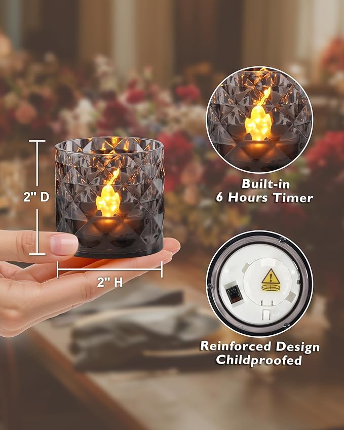 Homemory 2" x 2" Acrylic Votive Candle Holders with Auto Timer Flameless Led Tealight, Battery Powered Fake Electric Candles for Wedding Centerpiece, Table, Christmas Decor (6Pack, Gray Base)