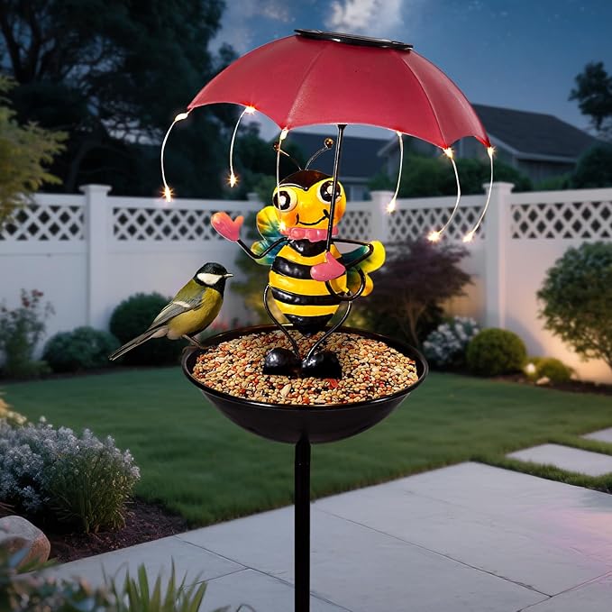 Solar Bird Feeder Frog Garden Decor, Outdoor Solar Lights with Umbrella, Hummingbird Feeder Decorative Path Lights Yard Art Ornament Bird Feeder (bee)