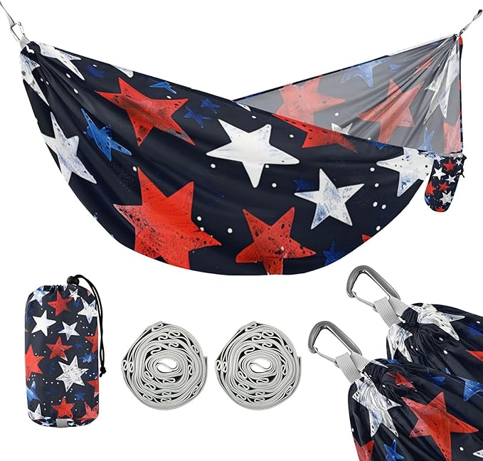 4th of July Independence Day Red and Blue Stars 330lb Capacity Outdoor Hammock with Hanging Rope Portable Hammock for Outside Patio Backyard Poolside hamaca de Algodon para Jardin