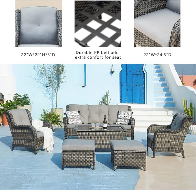 Outdoor Patio Wicker Furniture Set - 6 Piece Rattan Patio Conversation Sectional Sofa Set with 1 Couch,2 Armchairs,2 Ottomans and 1 Glass Top Coffee Table for Porch Deck Garden(Mixed Grey/Grey)