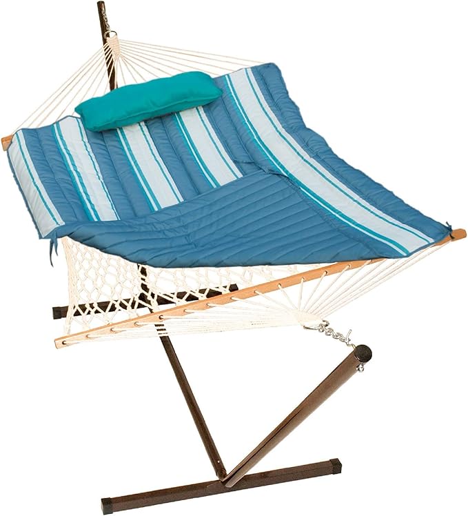 144" Blue and White Striped Cotton Soft Comfort Hammock with Frame