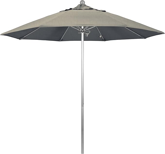 California Umbrella 9' Rd. Venture Series Contract Grade Patio Umbrella, Push Open Pin Stop, Silver Finish, Sunbrella Spectrum Dove