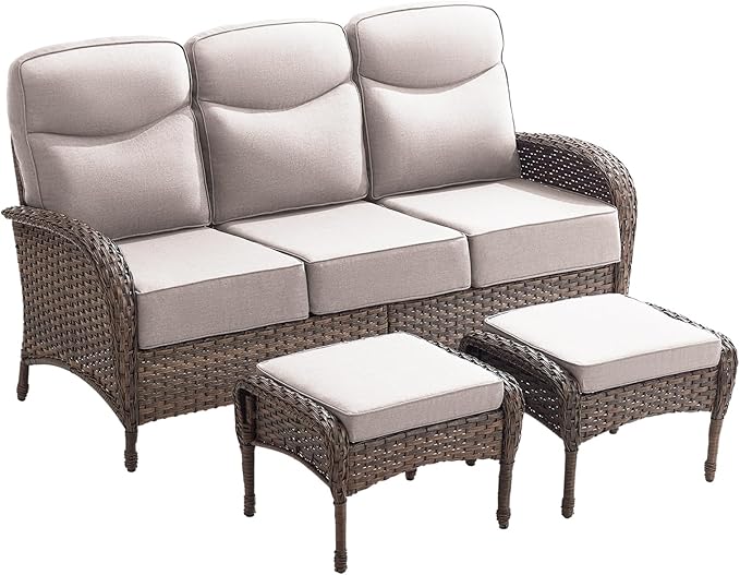 3-Piece Luxury Patio Furniture Sofa Set with 6-Inch Thick Cushions– Outdoor Wicker Conversation Set with Covered Couch, Multifunctional Ottoman & All-Weather Seating for Backyard, Porch, Garden Beige