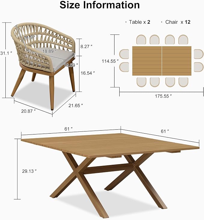 PURPLE LEAF 14 Pieces Outdoor Dining Set All-Weather PE Rattan Outdoor Patio Furniture Set with All Aluminum Frame Rectangular Table and Chairs Set for Lawn Garden Backyard Deck, Teak