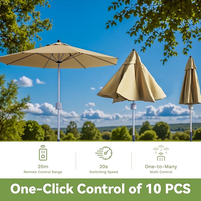 Patiowell 9 FT Motorized Patio Umbrella with Base Included, Outdoor Umbrella with Base, Detachable Power Bank Hands-Free Automation, Aluminum Frame for Backyard, Poolside, Outdoor Dining, Beige