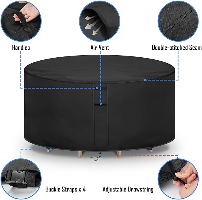 Round Patio Furniture Covers Waterproof, Outdoor Round Table Cover Tall Bar Height Outside Table and Chairs Set Covers for Winter, Rainproof Fadeproof