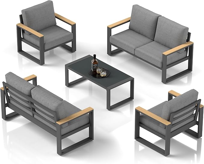 Aluminum Outdoor Patio Furniture Set with Height-adjustable Footrest for Lawn Porches Patio, 6-Seats All-weather Patio Sofa Sets with Coffee Table, Modern Outdoor Patio Conversation set, Grey