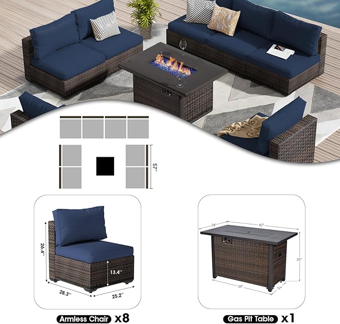 9 Pieces Outdoor Sectional Patio Furniture Set with Fire Pit Table PE Rattan Wicker Patio Sectional Armless Conversation Set with Cushions Blue