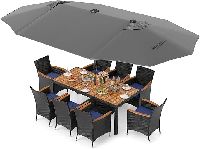 Tangkula 11 Pieces Patio Dining Set with Double-Sided Led Patio Umbrella (Base Included), with 8 Stackable Chairs, Acacia Wood Dining Table and Large Umbrella with Solar Lights (Grey + Navy)