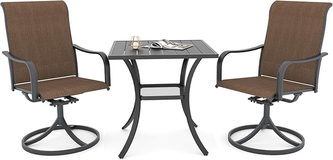 Anmutig 3 Piece 27.5 Inch Outdoor Patio Square Table with 2 Swivel Chairs Furniture Set - Brown Yellow Style2