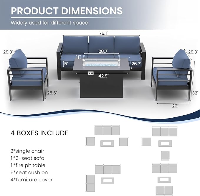 Amopatio Patio Furniture with Fire Pit, 6 Pcs Aluminum Outdoor Sectional Metal Patio Sofa Sets with Aluminum Fire Pit Table for Backyard,Dark Grey&Blue(Included Waterproof Covers)
