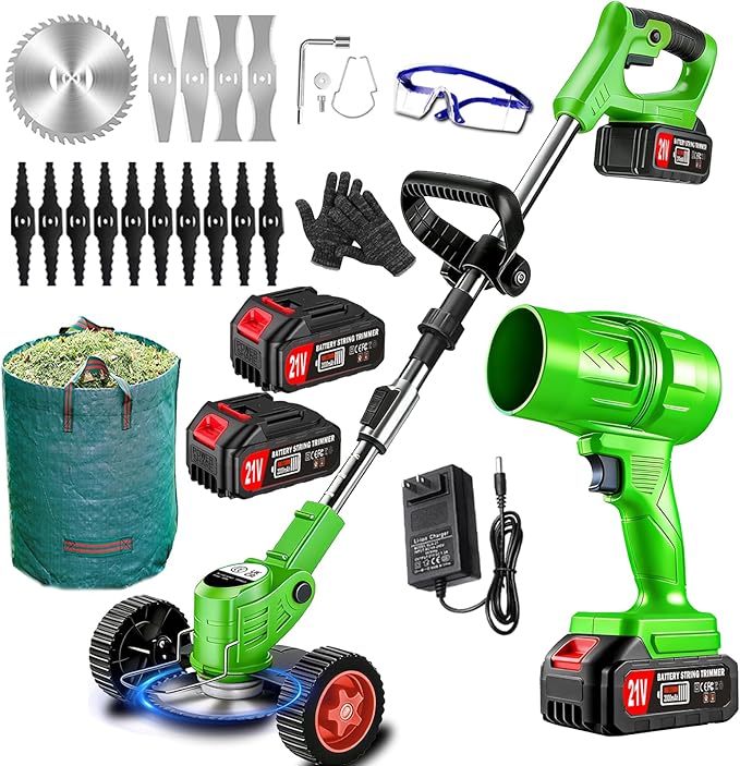Cordless Weed Wacker Eater Battery Powered 21V Lightweight Electric Weed Trimmer with 2 Battery Operated Leaf Blower Weed Storage Bag, Stringless Grass Trimmer/Brush Cutter/Lawn Edger for Yard Garden
