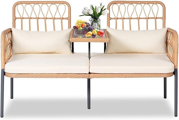 PROHIKER Patio Furniture Outdoor Rattan Loveseat 2-Seat with Built-in Table, Lumbar Pillows and Cushions, All-Weather Wicker Loveseat Porch Chairs for Balcony, Lawn, Backyard