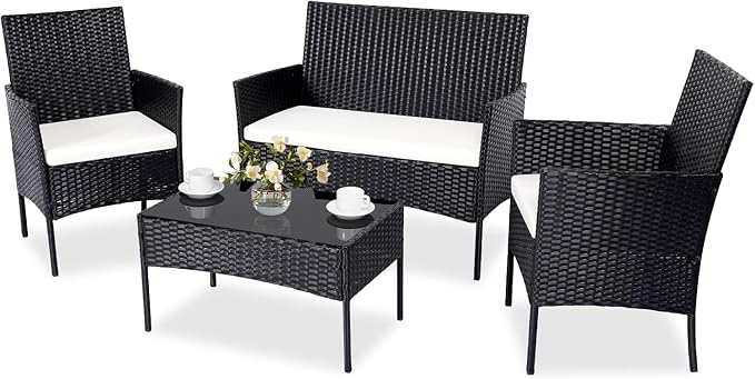 Patio Furniture Set 4 Pieces, Outdoor Rattan Furniture with Tempered Glass Coffee Table, Modern Rattan Patio Chairs Conversation Sets with Sofa for Garden, Terrace, Porch, Lawns