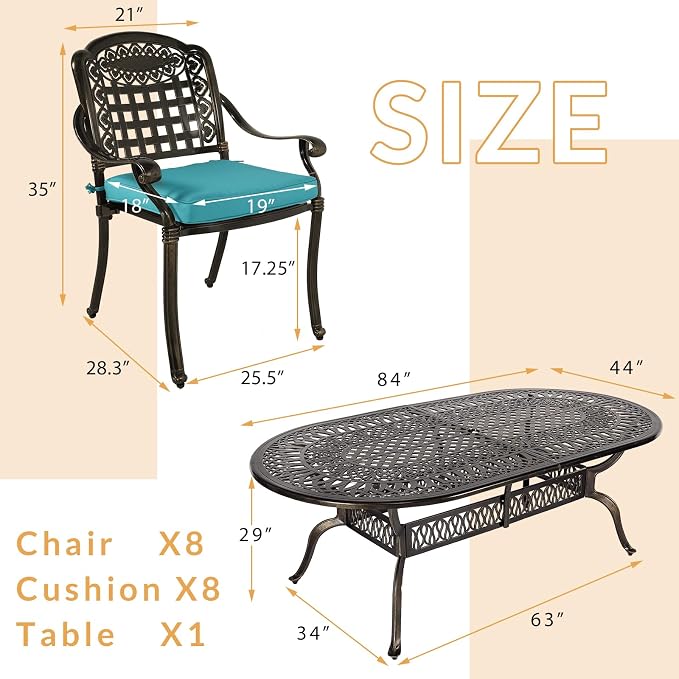 9-Piece Patio Dining Set, Outdoor Patio Table and Chair Set of 84” Oval Cast Aluminum Dining Table with Umbrella Hole and 8 Outdoor Dining Cushion Chairs, Patio Funiture Set for Garden, Blue