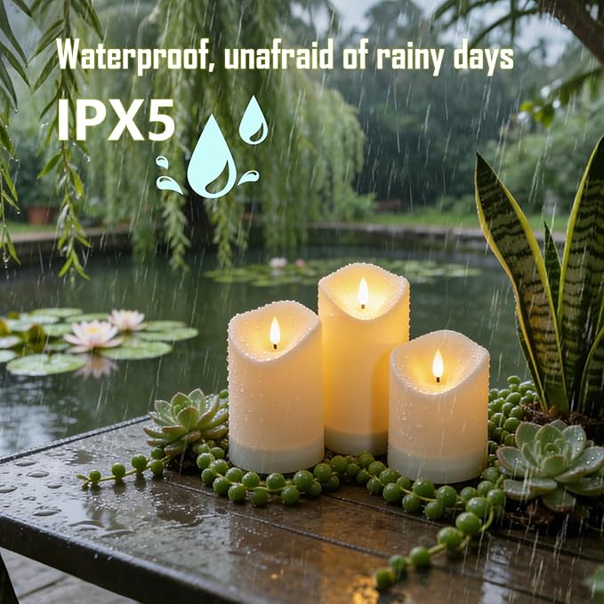 Nimiko Solar Outdoor Waterproof Flameless Candles - 5 Pack Solar & Battery Operated LED Candles, White (D3.25" x 4"/5"/6" Assorted Heights) for Garden, Patio, Outdoor Decoration
