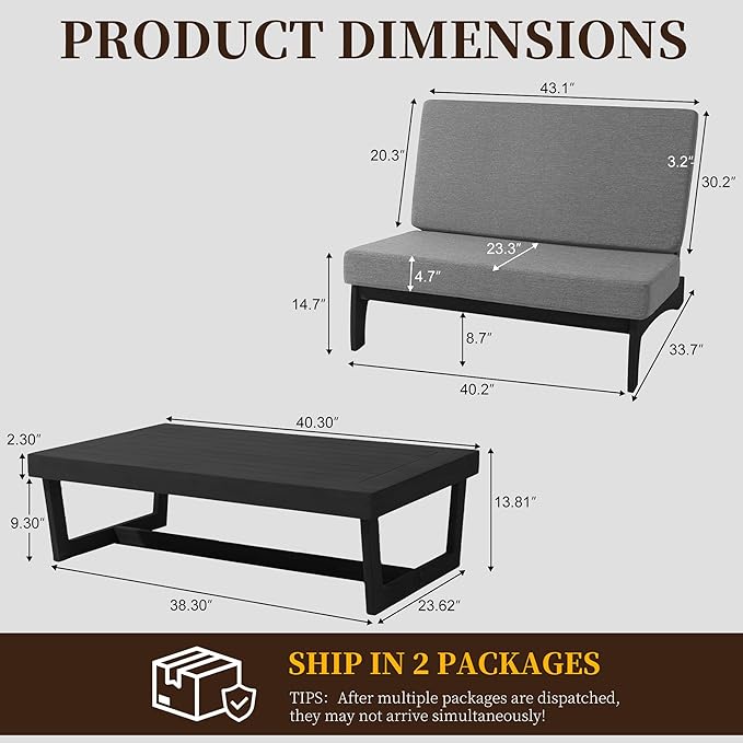 UIXE Black Wood Patio Furniture Sets, 2 Pieces All Weather Patio Loveseat Outdoor Sofa with Solid Wooden Coffee Table - Light Gray
