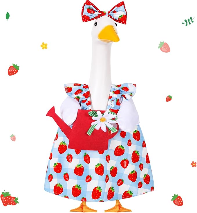 FuWeave Summer Strawberry Goose Outfit Flower Porch Goose Clothes for 23" Large Statue Outdoor Patio Yard Lawn Art Decoration