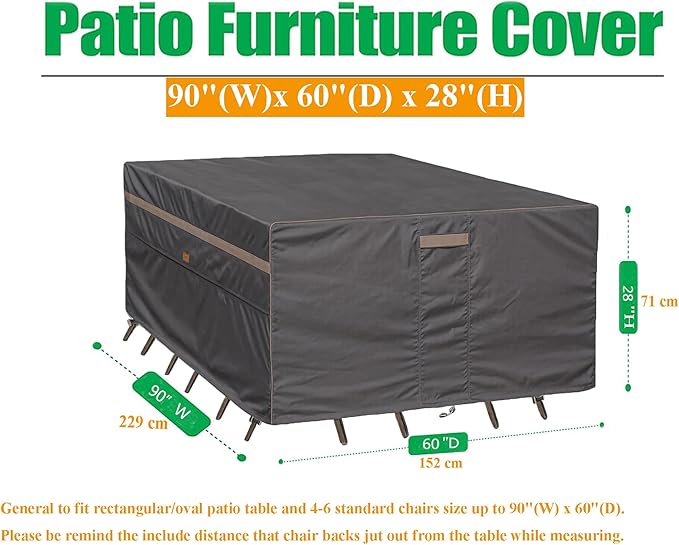 Heavy Duty Waterproof Patio Furniture Covers UV Resistant Rectangular Outdoor Table and Chair Covers 90" Wx 60" D x 28" H Dark Grey