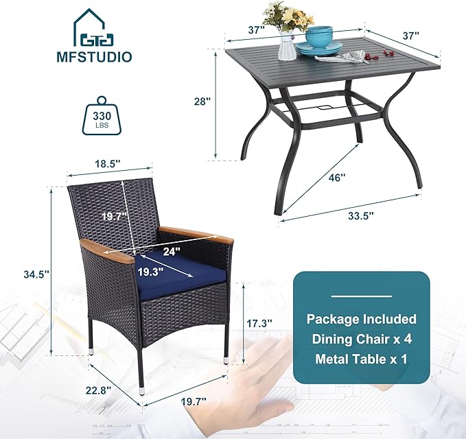 MFSTUDIO 5 Pieces Outdoor Rattan Dining Set, Patio Square Table and Wicker Chairs for 4, Outdoor Metal Table Set for 4 with Chairs, Wicker Patio Dining Furniture for Backyard, Porch