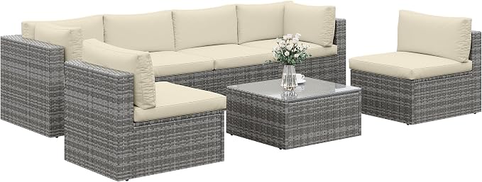 SUNVIVI OUTDOOR 7 Piece Patio Furniture Sets All Weather Gery PE Wicker Couch Sofa with Glass Table, Removable Beige Cushions, Brown Rattan