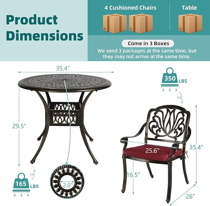 MEETWARM 5 Piece Outdoor Furniture Patio Dining Set, All-Weather Cast Aluminum Patio Table and Chairs Set- 4 Cushioned Chairs, 1 Round Dining Table with Umbrella Hole for Backyard, Chili Red