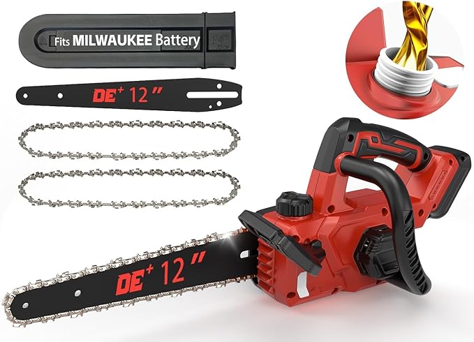 12 Inch Brushless Electric Chainsaw Cordless, for Milwaukee M18 Battery,44.3 FT/S Powerful Cutting Heavy Duty Chain Saw, Auto Oiler Low Kickback Battery Powered Chainsaw for Tree Trimming Wood Cutting
