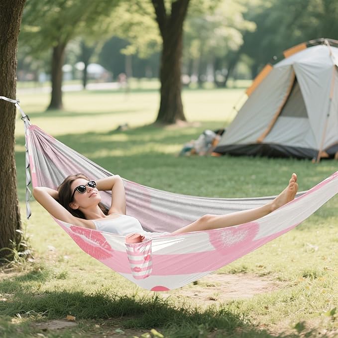 Pink White Stripes Heart Lip Love 330lb Capacity Outdoor Hammocks with Hanging Rope Indoor Hammock for Indoor Outdoor Patio Base para hamacas para adultos