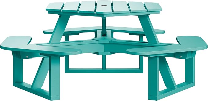 Shoreline Made in USA Hexagon Picnic Table, Seating for 6, Seaglass Blue