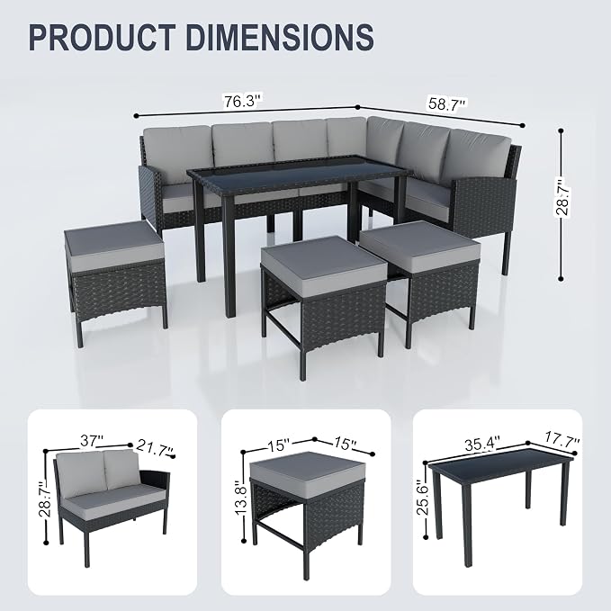 7 Pieces Outdoor Dining Set, Wicker Conversation Patio Furniture with Glass Table, L-Shaped PE Rattan Sectional Sofa Seating with Ottomans for Outside, Backyard, Balcony, Garden, Gray Cushions