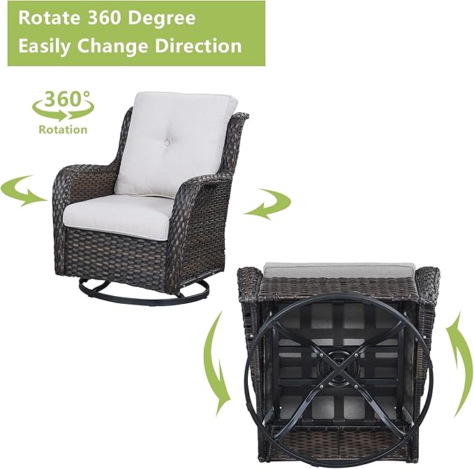 Rilyson Wicker Patio Furniture Set - 4 Piece Rattan Outdoor Patio Conversation Sets with 2 Swivel Rocking Chairs,2 Ottomans for Porch Deck Garden(Brown/Beige)