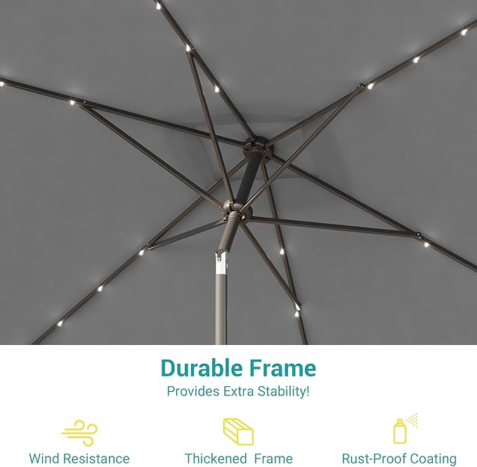 Rectangle Patio Umbrella with Solar Lights, 10 x 6.5ft Rectangular Outdoor Umbrella Table Market Patio Umbrella with Push Button Tilt and Crank for Garden, Deck, Backyard, Pool