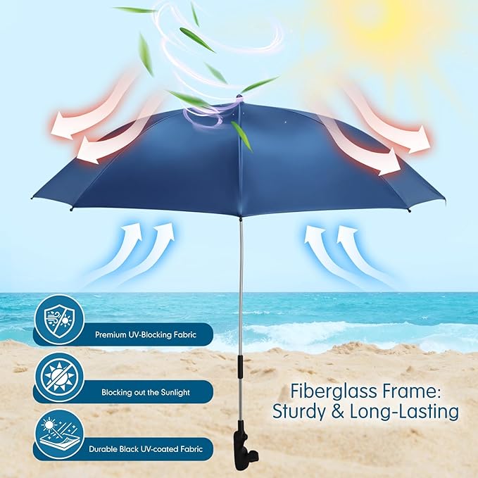 2 Pcs Beach Umbrella with Clamp UV Protection 48 Inch Adjustable Umbrellas for Chair with 360° Universal Clamps for Beach Camping Stroller Wheelchair, Chair Not Included(Deep Blue)