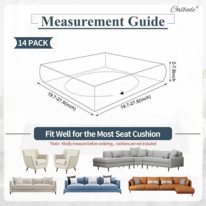CALBODE 14Pcs Stretch Couch Cushion Covers, Water Resistant Outdoor Sofa Cuhsion Cover Replacement,Washable Outdoor Patio Chair Seat Cushion Covers for Furniture Protect (Charcoal Gray, Grid Textured)