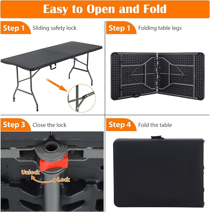 Black Folding Tables 6Ft Outdoor Dining Table, Portable Fold Up Lightweight Foldable Desk, 6 Foot Folding Desk Picnic Table Party Tables Camping Table, Plastic Beach Table Patio Outdoor Furniture