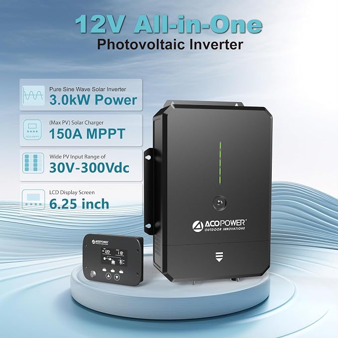 ACOPOWER 12V 3000W All-in-One Solar Inverter Charger 150A Adjustable MPPT & AC Charger, 110/120V Pure Sine Wave, for RV, Van, Off-Grid & Backup Power