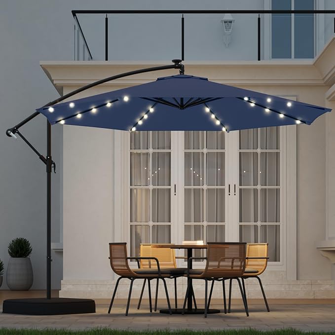 10FT 40-LED Solar Lighted Patio Umbrella with Base Included, Outdoor Offset Cantilever Umbrella, Infinite Tilt, UV Protection for Backyard, Lawn, Garden & Pool