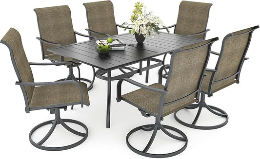Anmutig 7 Pieces Outdoor Patio Dining Set for 6 Patio Dining Swivel Chairs Textilene & 1 Rectangle Outdoor Dining Table with 1.57" Umbrella Hole for Backyard Bistro Outdoor Furniture Brown/Grey