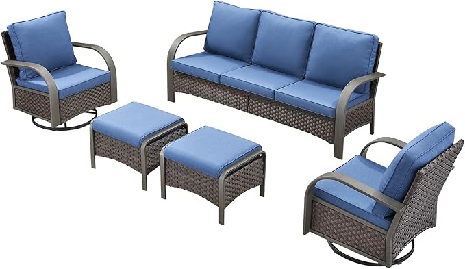 HUMMUH Outdoor Patio Furniture Sets-Wicker Patio Furniture Couch and Swivel Rocker Chairs Conversation Set for Deck Porch Garden Poolside Backyard-Brown/Blue