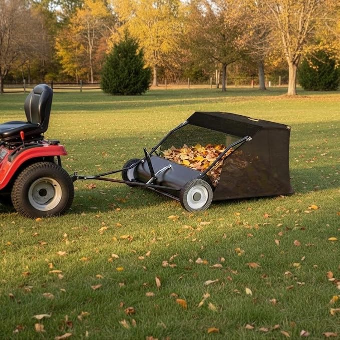 Tow Behind Lawn Sweeper, 42/50/52-Inch Pull Behind Leaf & Grass Collector, 12/26 cu. ft. Large Capacity Yard Sweeper with Adjustable Sweeping Height and Universal Hitch for Lawn Tractor (52"/26cuft)