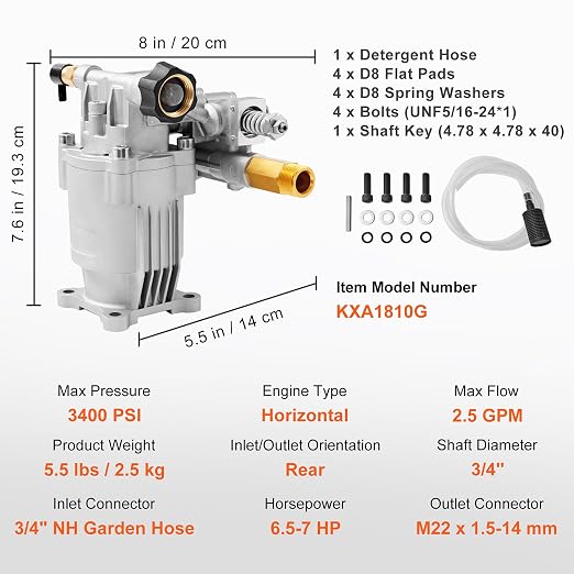VEVOR Pressure Washer Pump, 3/4" Shaft Horizontal, 2500-3400PSI, 2.5 GPM, Replacement Power Washer Pumps, Parts Washer Pump, Compatible with Honda, Simpson, RYOBI, Briggs & Stratton, Subaru, Craftsman