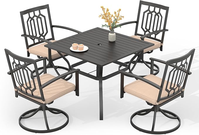 PHI VILLA Patio Dining Set, Swivel Chairs, Square Metal Table | Metal chairs, Hexagon Back Swivel Chair, Umbrella Hole, 360° swivel, rocking, cushioned, E-coated, powder-coated