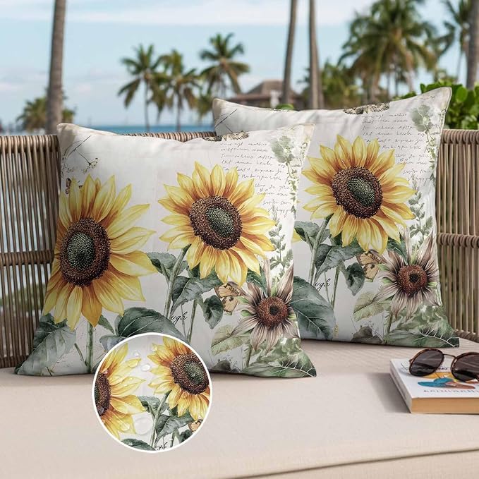 Vintage Yellow Sunflowers Outdoor Waterproof Throw Pillow Covers Set of 2, 18"x18", American Pastoral Style Decorative Pillow Covers Outside Cushion Case for Patio Porch Garden