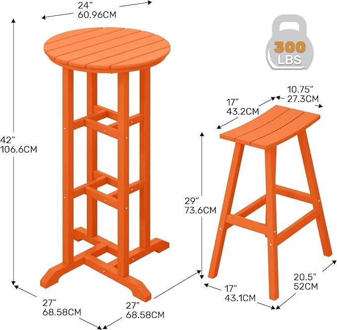 Costaelm Outdoor Bar Table, 42" Counter Height Round Patio Cocktail Bar Table, Patio Bar Table 3-Pieces Set Bistro Dining Table Pub Table for Deck, Backyard, Garden, Orange