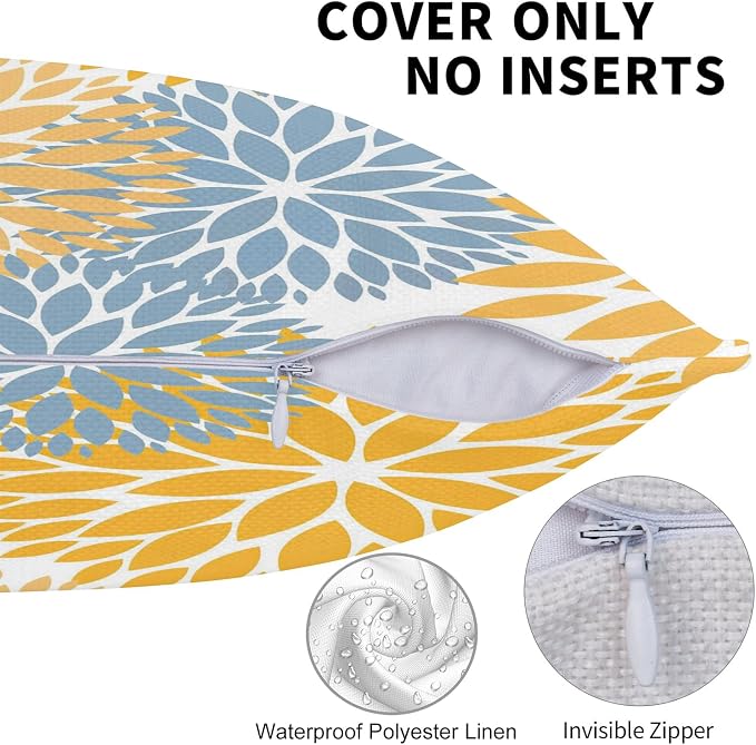 Yellow Throw Pillow Covers 18x18 Inch Set of 2, Floral Waterproof Outdoor Pillow Covers, Boho Farmhouse Decorative Cushion Covers for Spring Summer Patio Furniture