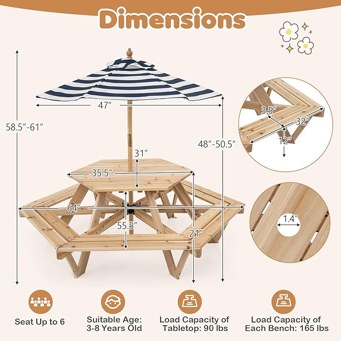HONEY JOY Kids Picnic Table, Hexagonal Toddler Outdoor Table and Chair Set, 6 Built-in Benches, Removable Umbrella, Fir Wood Children Backyard Furniture for Patio Garden Deck Poolside, Natural