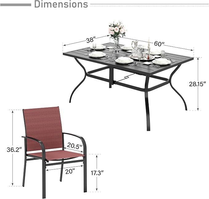 HERA'S HOUSE 7pc Patio Dining Set, 60" Metal Table, Textilene Chairs | Rectangular table with umbrella hole+ 6 red chairs. Waterproof, rust-resistant, all-weather for backyard, porch