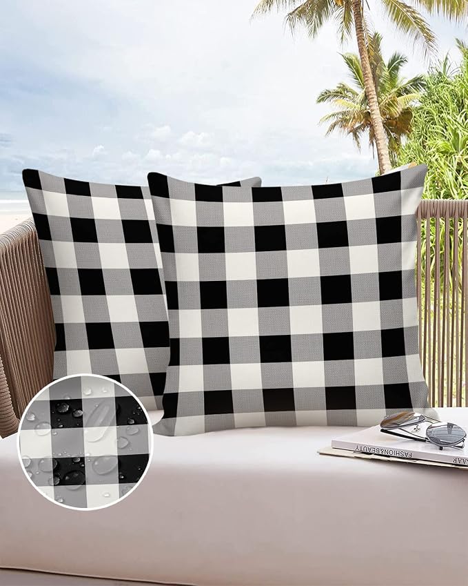 Outdoor Waterproof Pillow Covers for Patio Furniture Buffalo Check Decorative Throw Pillow Cover Black White Plaid Rustic Pillowcases Set of 2 Cushion Case for Sofa Couch Chair Home Decor 26 x 26 Inch